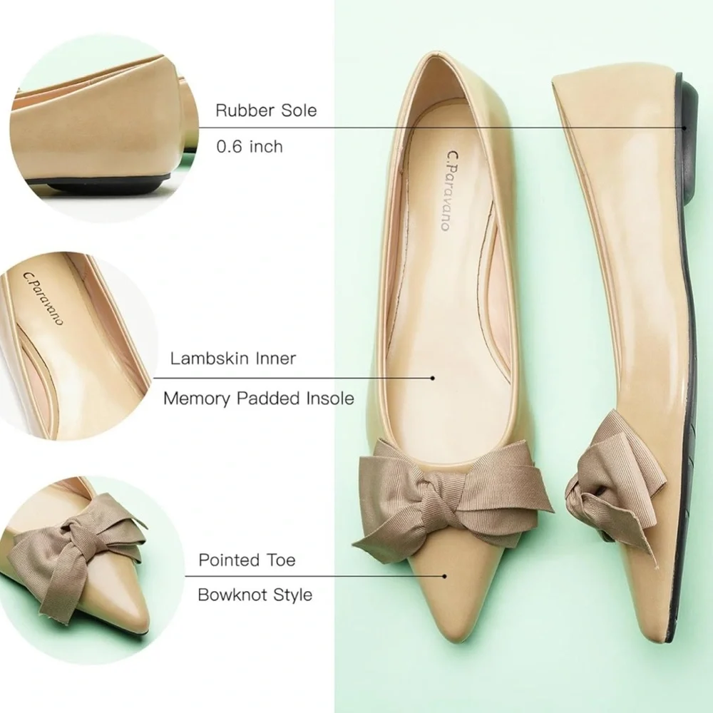 NWT C.Paravano Camel Pointed-Toe Flats with Bow‎ – Size 6.5
